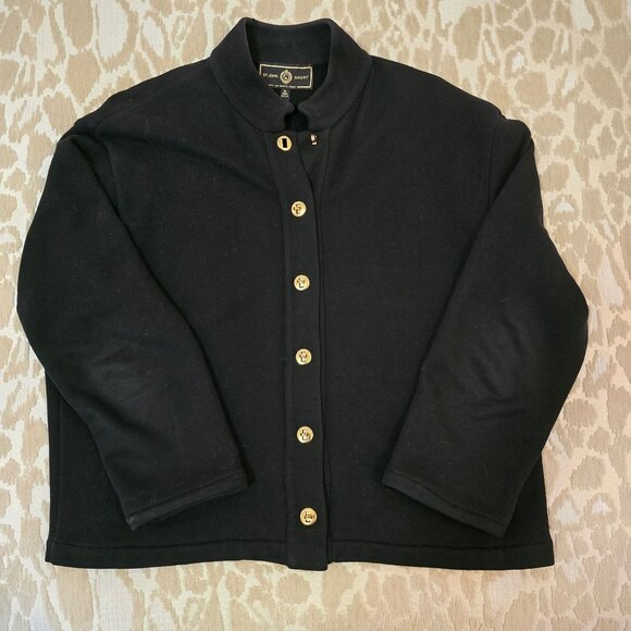 St. John Sport Black Cotton Sweater Gold Twist lock Buttons Mandarin Collar Sz M - Picture 2 of 12